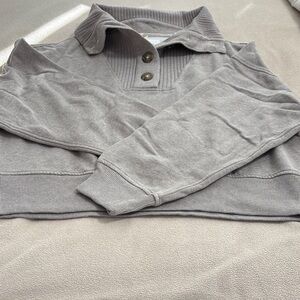 Aerie Heathered Taupe Collared Buttoned Sweatshirt